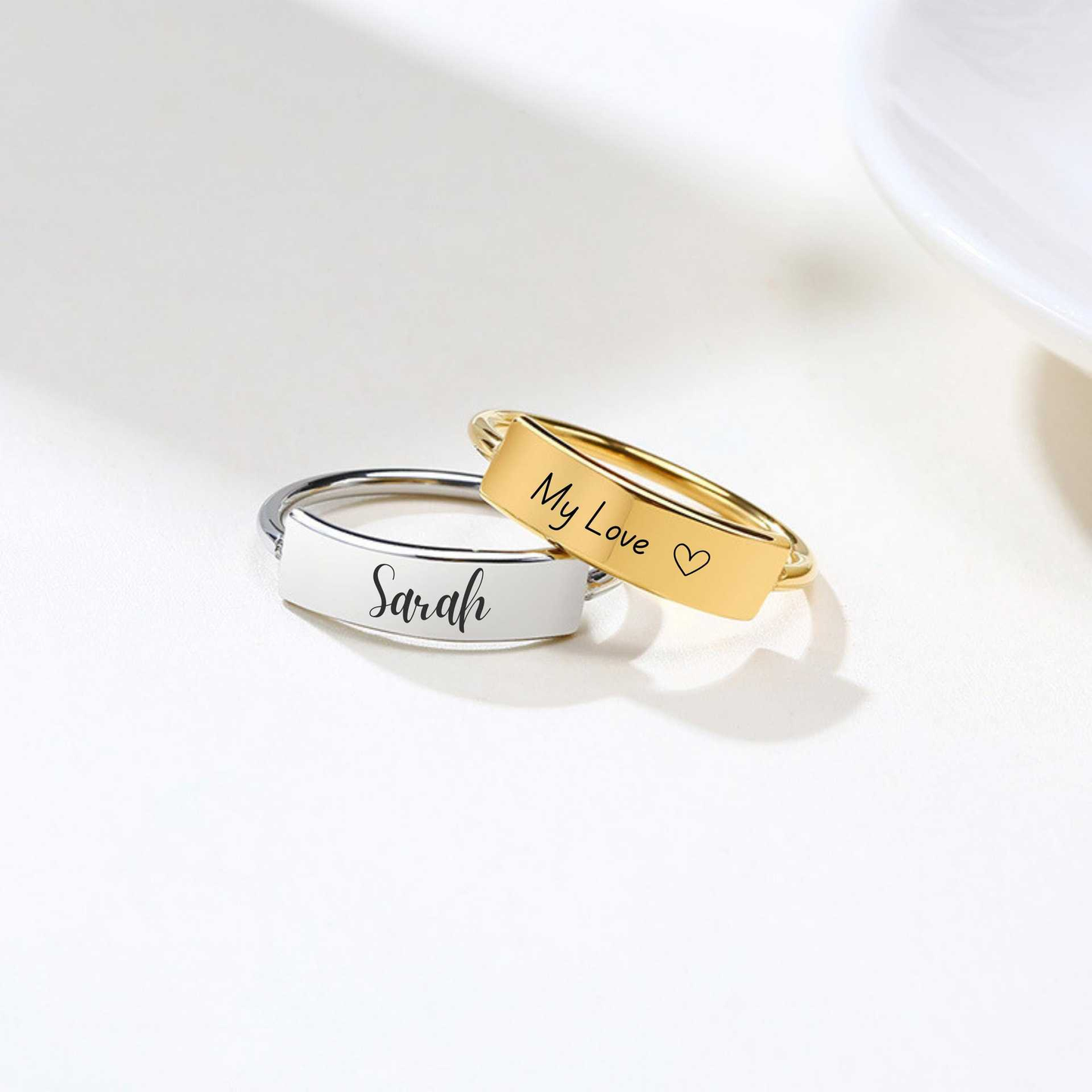 Stainless Steel Custom Engraved Text Flat Band Ring Personalized Name Promise Ring Gold Silver Two Color Stackable Rings Couple Gift