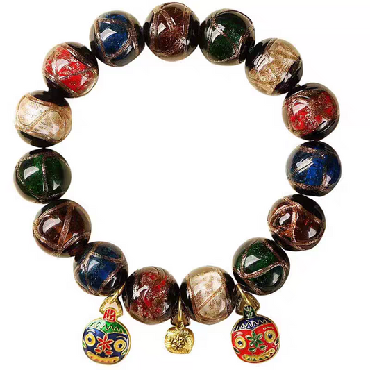 Handmade Liuli Glass Bead Bracelet with Vintage Enamel Face Charms