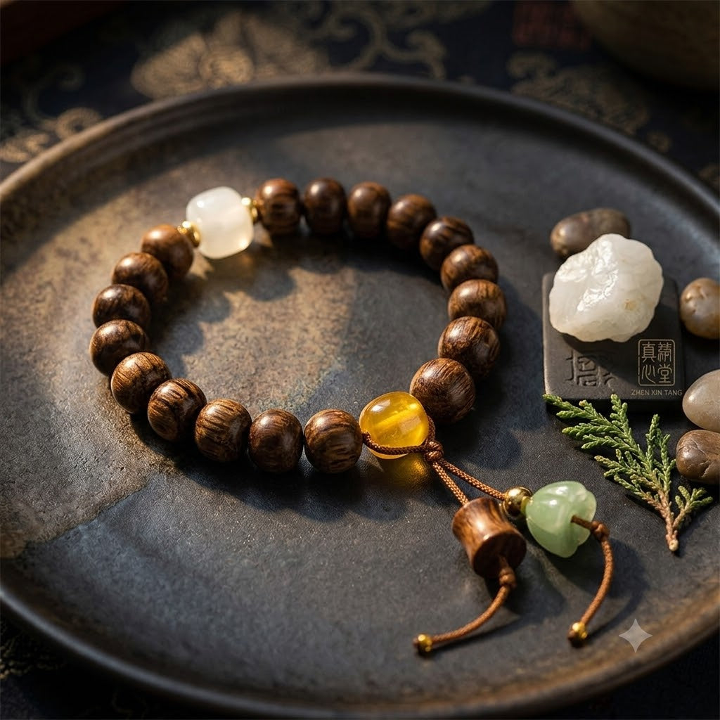 【14】8mm Natural Dark Wood Beaded Bracelet with Pale Jade Focal & Carved Lotus Charm