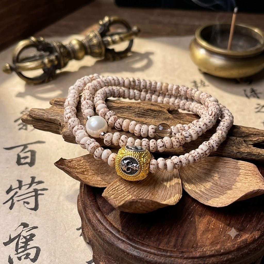 【19】5mm Minimalist Zen Multi-Wrap Mala – Speckled Bodhi Seeds with Gold & Silver Accent