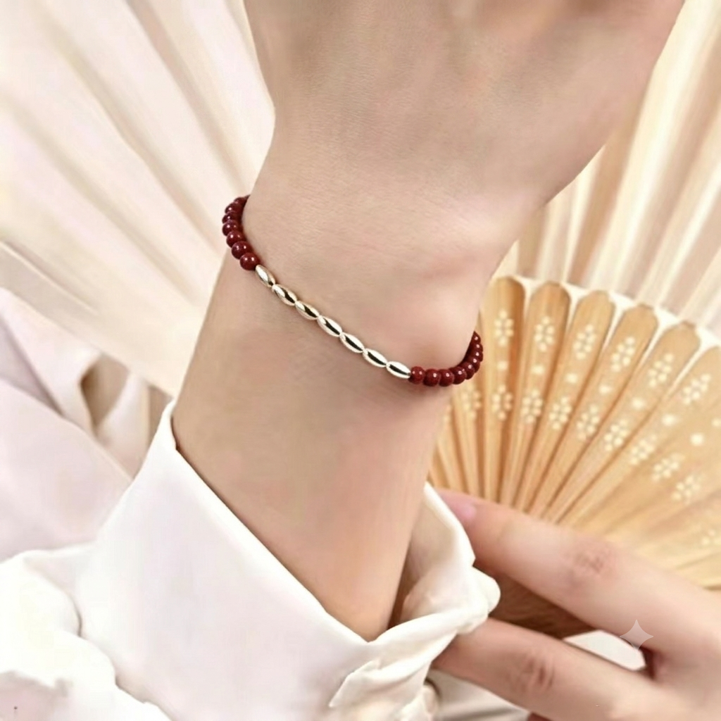 【06】"Seven Grains" Minimalist Red Beaded Bracelet – Mixed Metal Rice Bead Accent