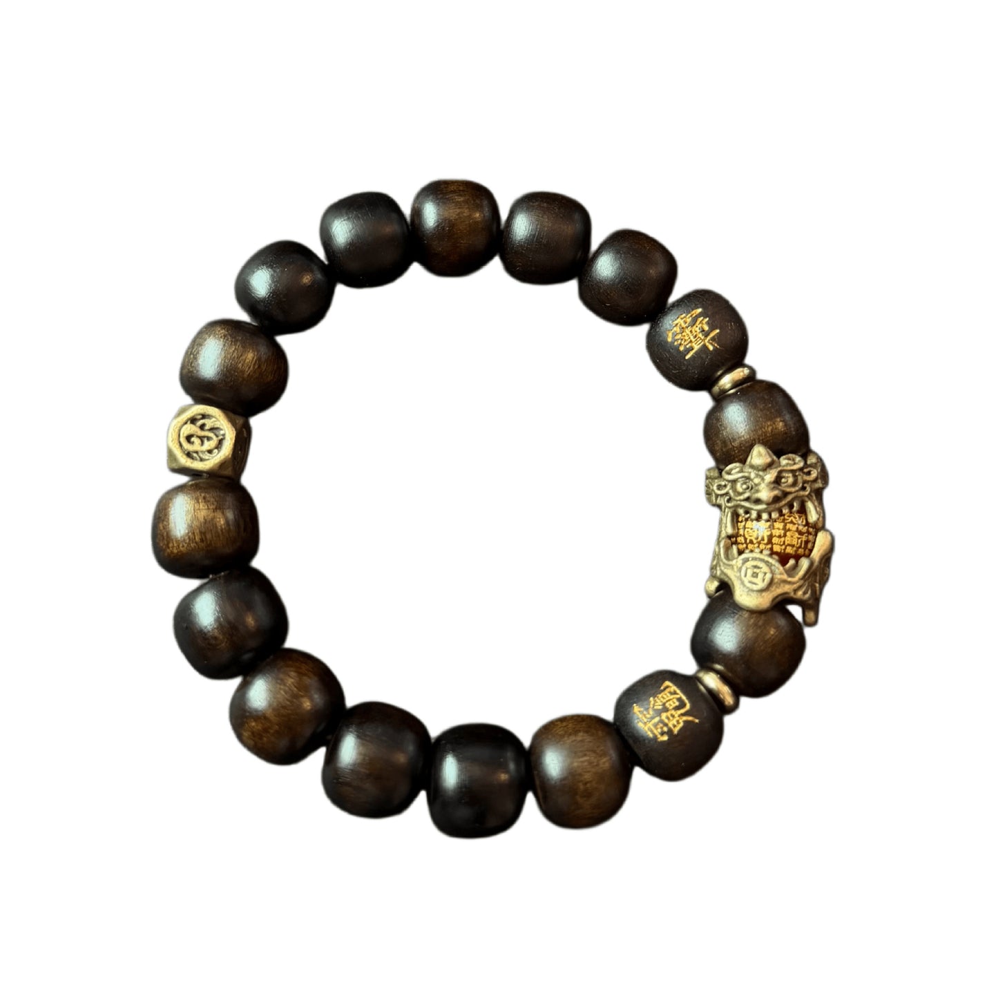 【09】12mm Calligraphy Wooden Bracelet – Matte Black Wood with Brass Motif