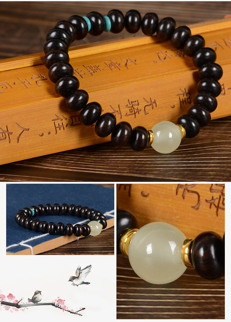 【13】8mm Dark Ebony Wood Beaded Bracelet with Light Green Jade-Style Accent