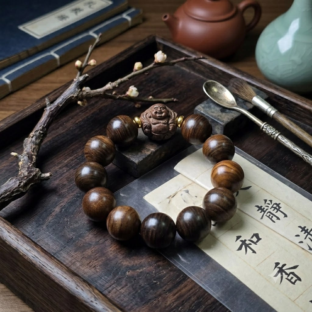 【18】20mm Artisan Dark Wood Beaded Bracelet – Hand-Carved Smiling Zen Figure Accent