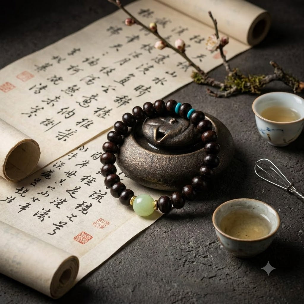【13】8mm Dark Ebony Wood Beaded Bracelet with Light Green Jade-Style Accent