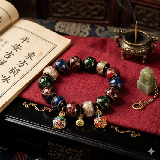 Handmade Liuli Glass Bead Bracelet with Vintage Enamel Face Charms