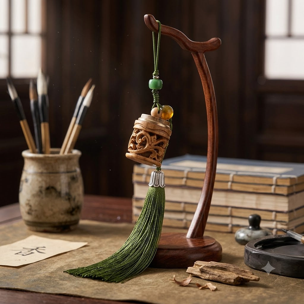 【15】2.8*2.2cm  Carved Wooden Essential Oil Diffuser Pendant – Olive Green Tassel Charm