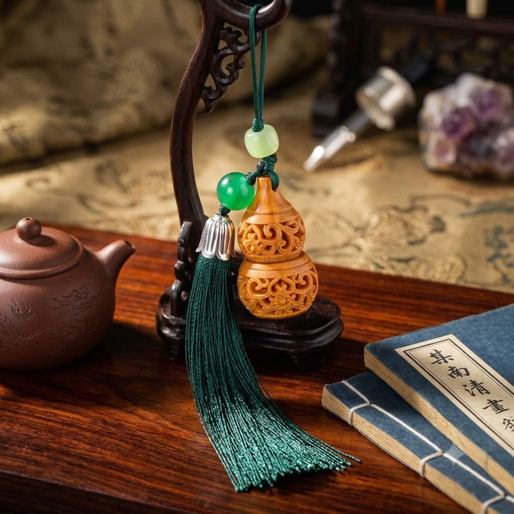 【16】3.5*2cm  Carved Wooden Gourd Pendant Charm – Forest Green Tassel & Jade-Tone Accents