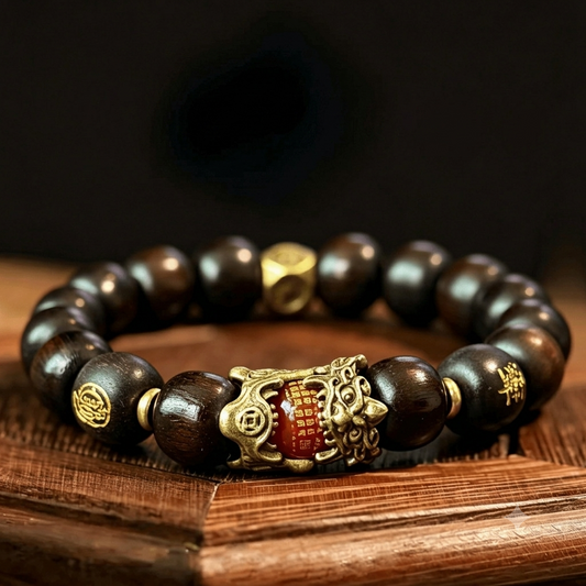 【09】12mm Calligraphy Wooden Bracelet – Matte Black Wood with Brass Motif