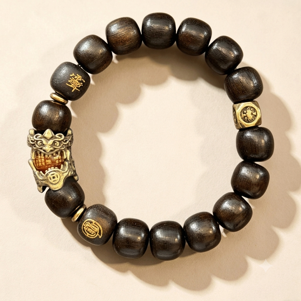 【09】12mm Calligraphy Wooden Bracelet – Matte Black Wood with Brass Motif