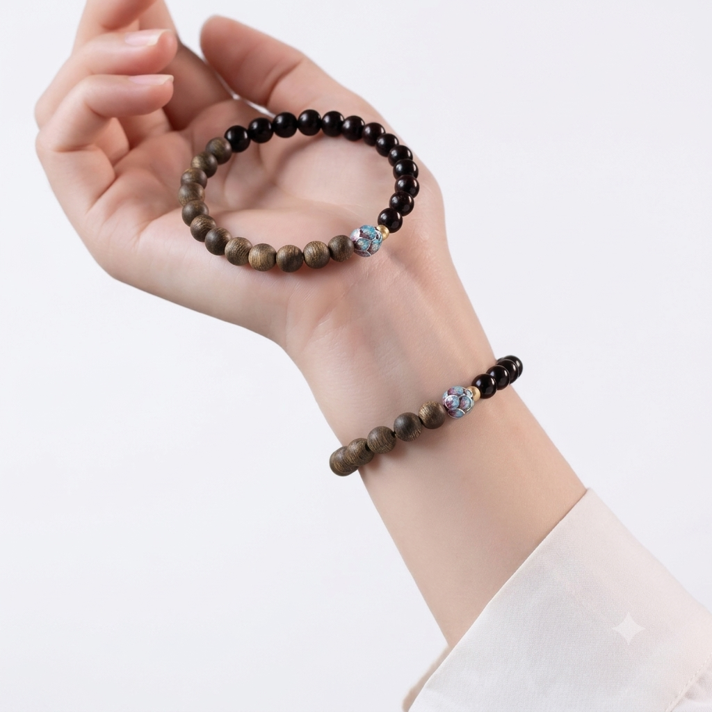 【05】6mm Natural Peach Wood Two-Tone Beaded Bracelet