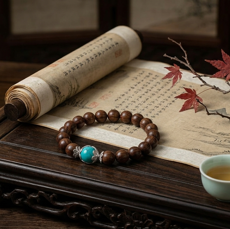 【04】8mm Natural Black Rosewood & Turquoise Beaded Bracelet – Minimalist Zen Jewelry