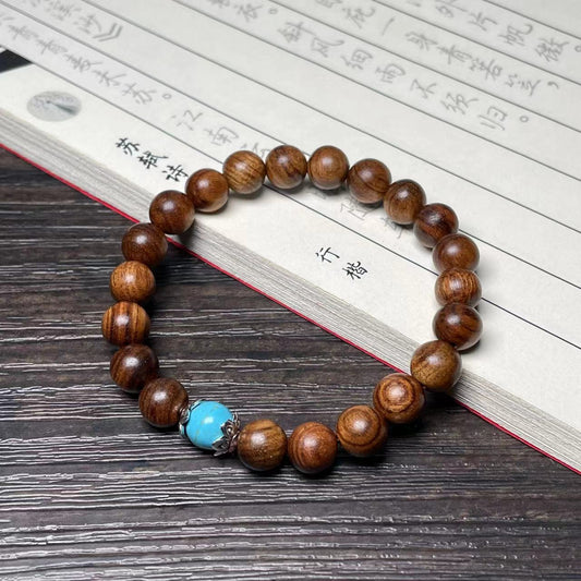 【04】8mm Natural Black Rosewood & Turquoise Beaded Bracelet – Minimalist Zen Jewelry