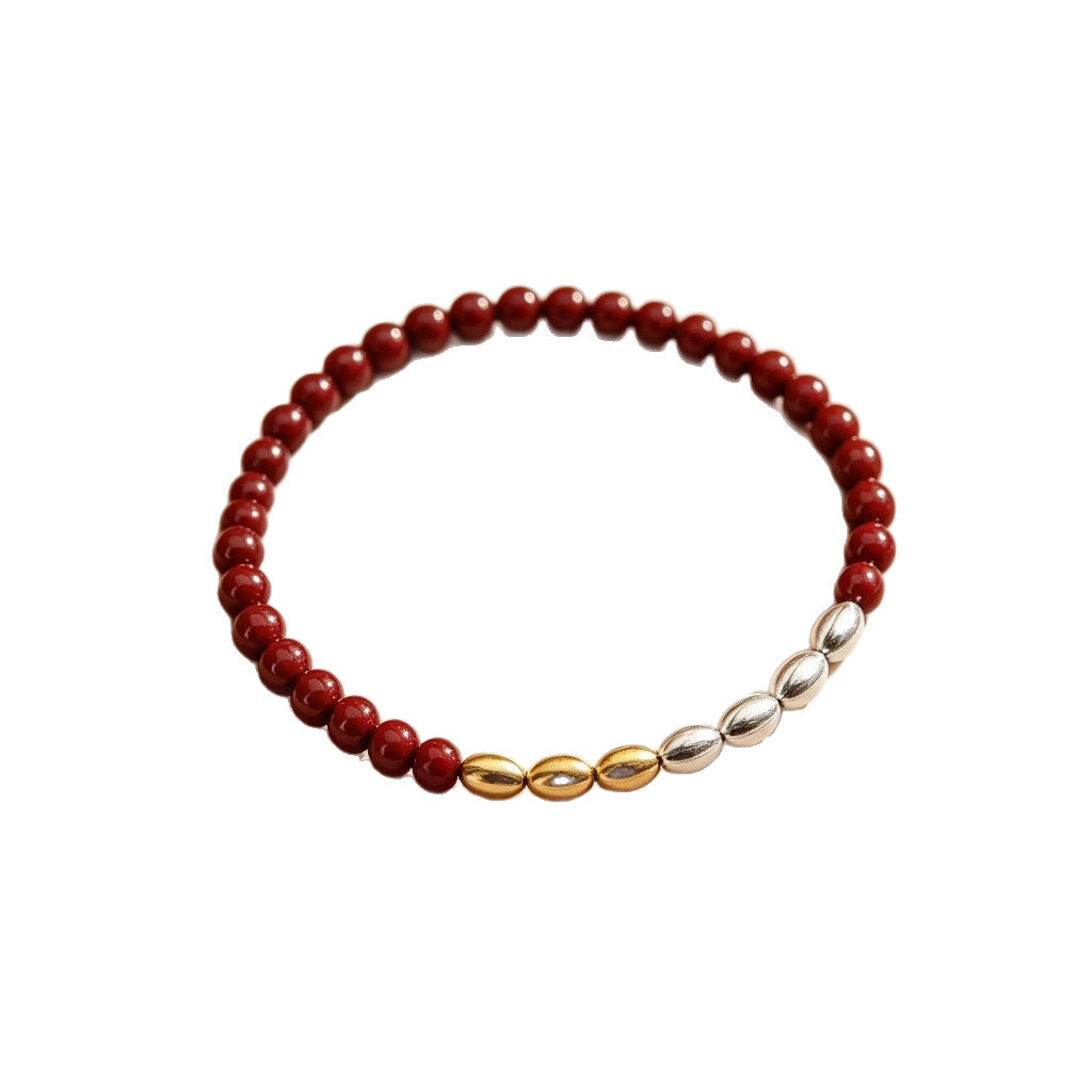 【06】"Seven Grains" Minimalist Red Beaded Bracelet – Mixed Metal Rice Bead Accent
