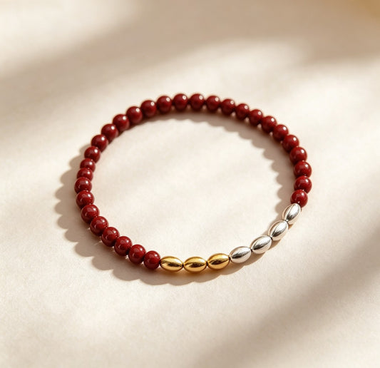 【06】"Seven Grains" Minimalist Red Beaded Bracelet – Mixed Metal Rice Bead Accent