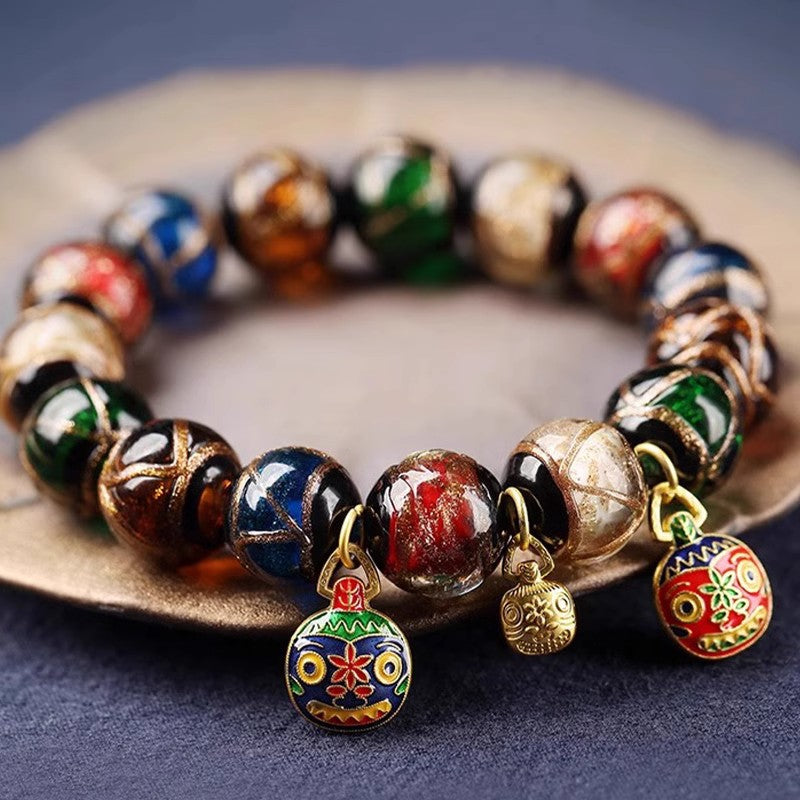 【08】12mm Vintage Lampwork Glass Beaded Bracelet – Multi-Color Artisan Charm Jewelry