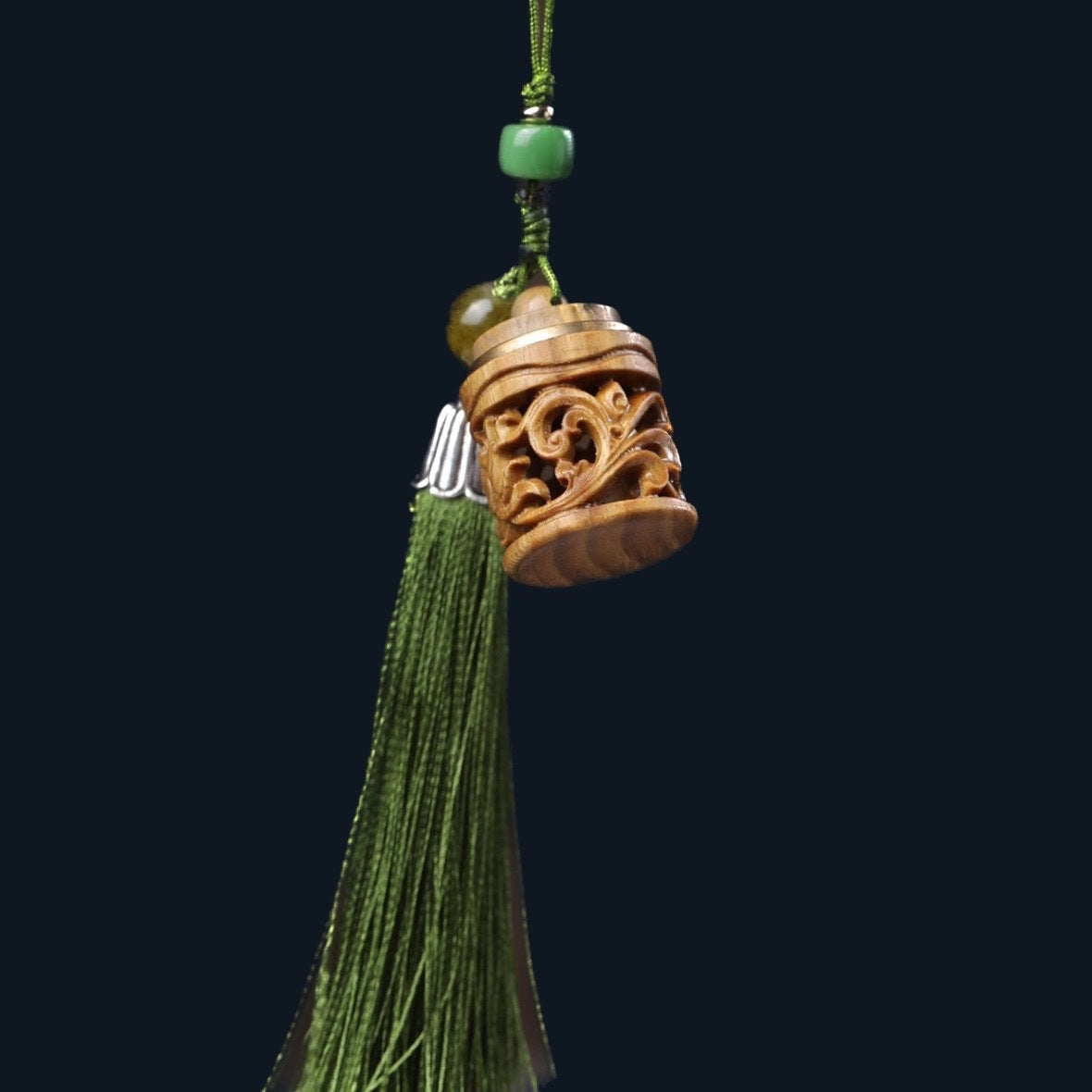 【15】2.8*2.2cm  Carved Wooden Essential Oil Diffuser Pendant – Olive Green Tassel Charm