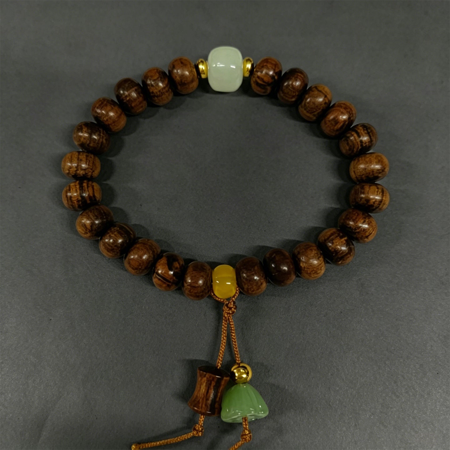 【14】8mm Natural Dark Wood Beaded Bracelet with Pale Jade Focal & Carved Lotus Charm