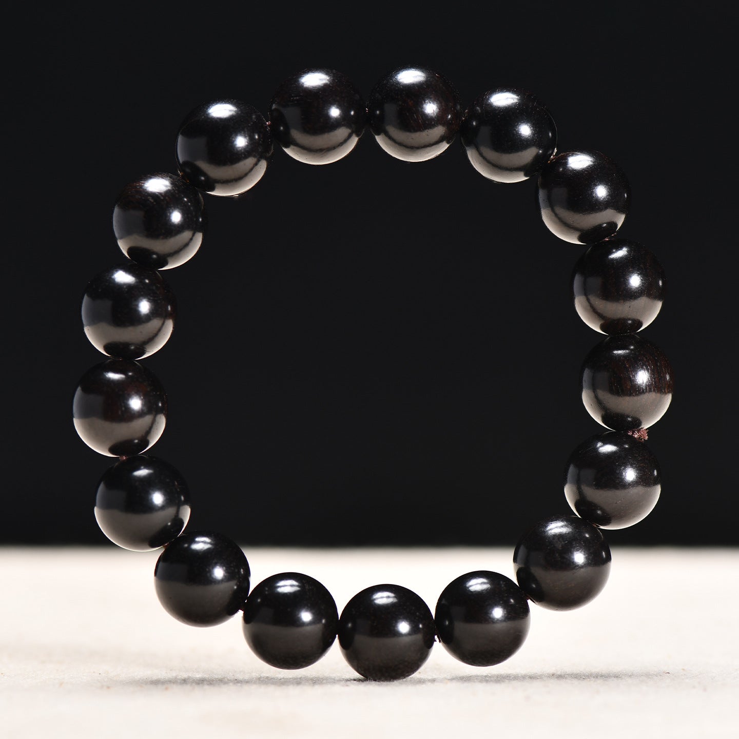 【20】12mm Ultra-Minimalist Ebony Wood Beaded Bracelet – High-Luster Black Wood Strand