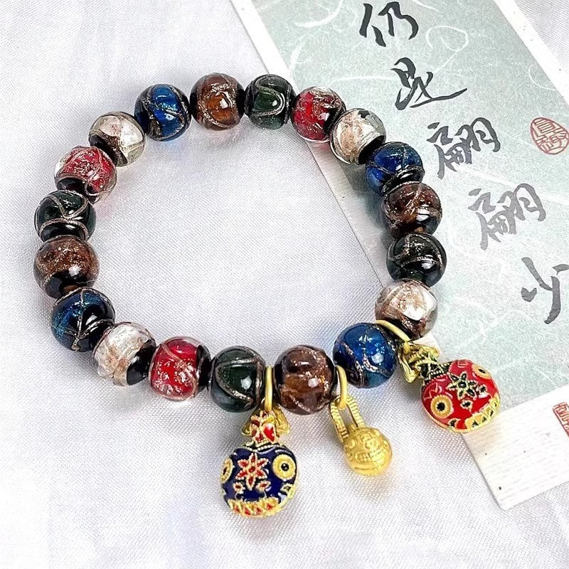 【08】12mm Vintage Lampwork Glass Beaded Bracelet – Multi-Color Artisan Charm Jewelry