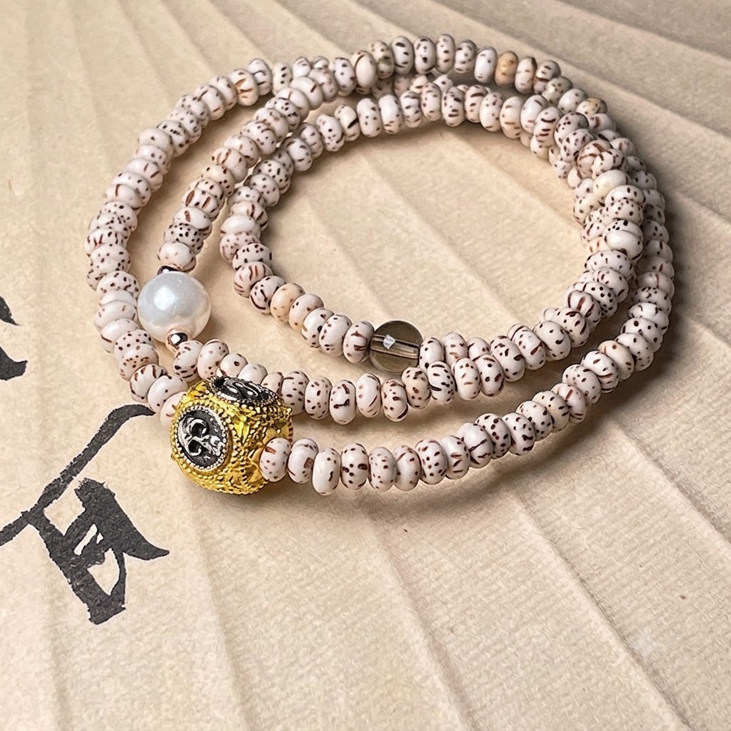【19】5mm Minimalist Zen Multi-Wrap Mala – Speckled Bodhi Seeds with Gold & Silver Accent
